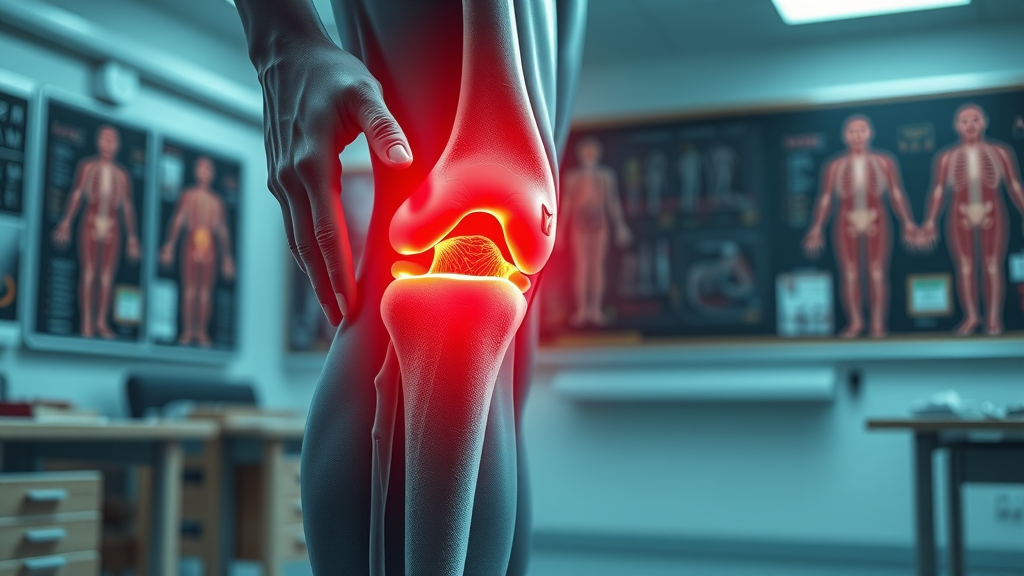 3D anatomical illustration of inflamed human knee joint showing arthritis pain and swelling