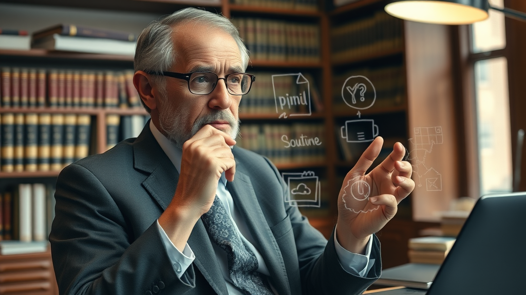 thoughtful senior attorney overcoming law office automation challenges using digital diagrams, cozy office environment