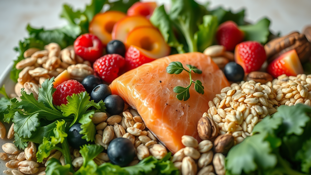 aging and nutrition macro fresh foods artistic arrangement leafy greens mixed berries salmon whole grains nuts