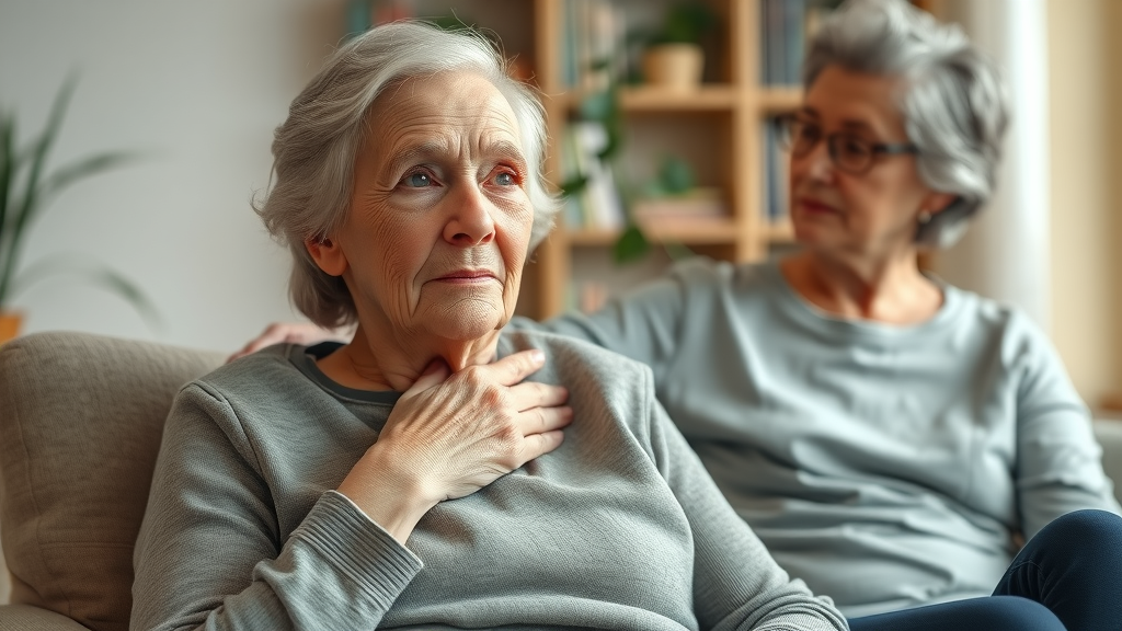 Older adult and caregiver discussing geriatric care in a cozy living room, thoughtful expressions