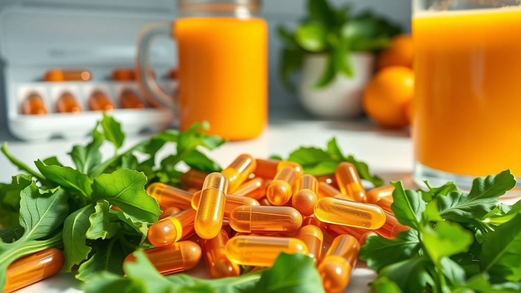 vitamin capsules, leafy greens, and orange juice for arthritis nutritional supplements and dietary support on a morning kitchen counter