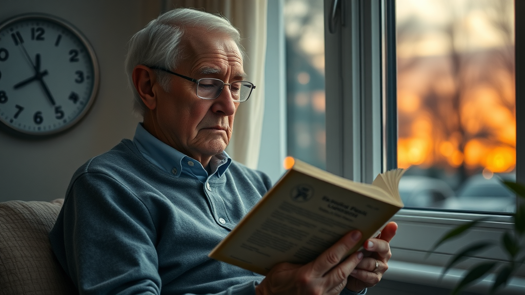 elderly person reading a book, circadian rhythm, impact of sleep on senior brain health, clocks, evening colors, golden hour, warm lighting