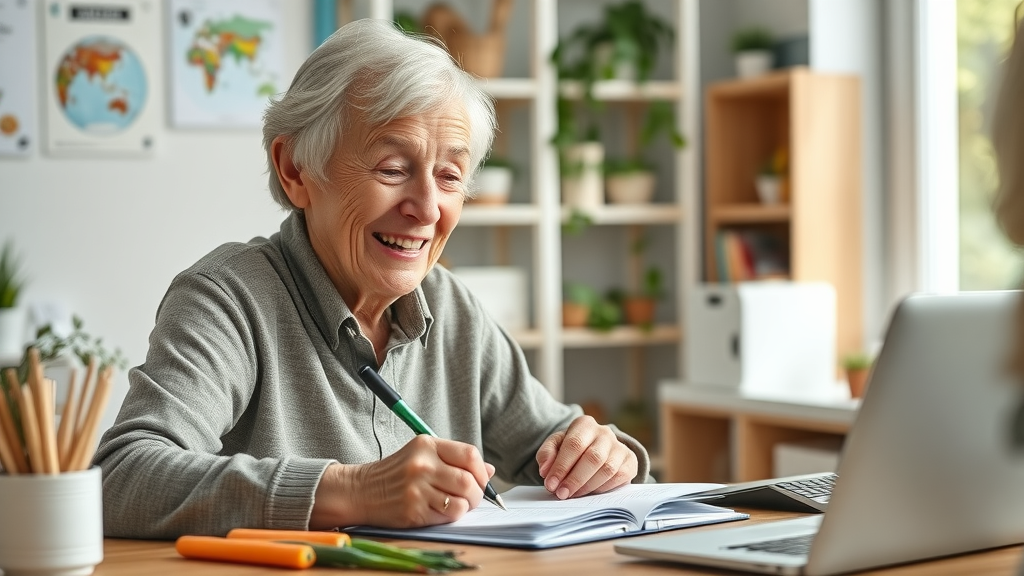 Hopeful older adult writing senior nutrition action plan at home office