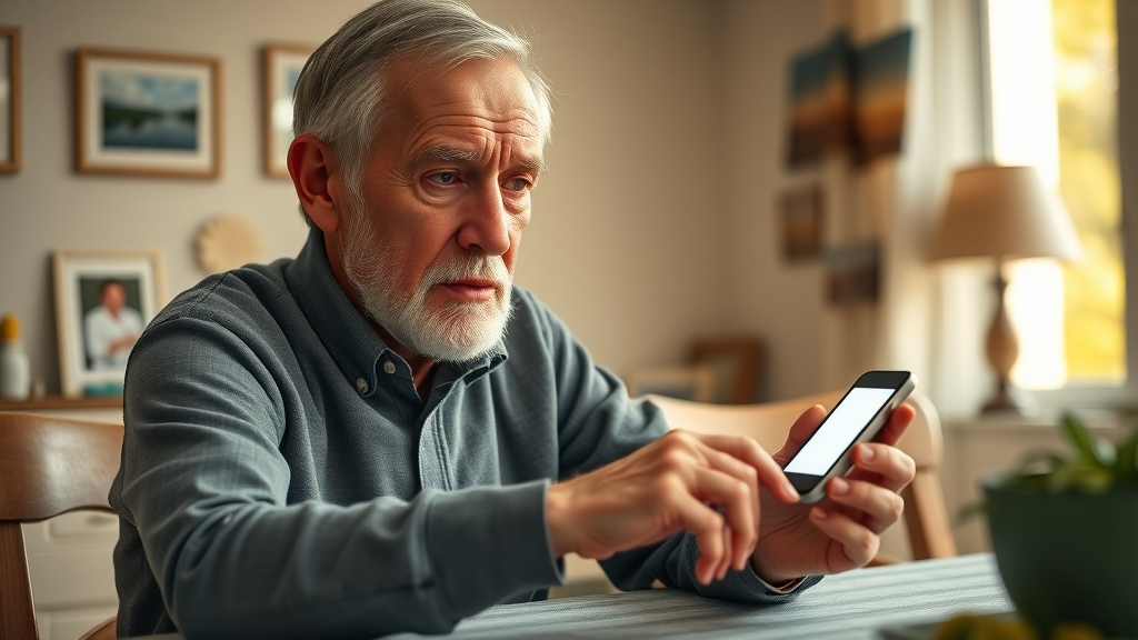 elderly man using digital tracker for chronic disease monitoring at home