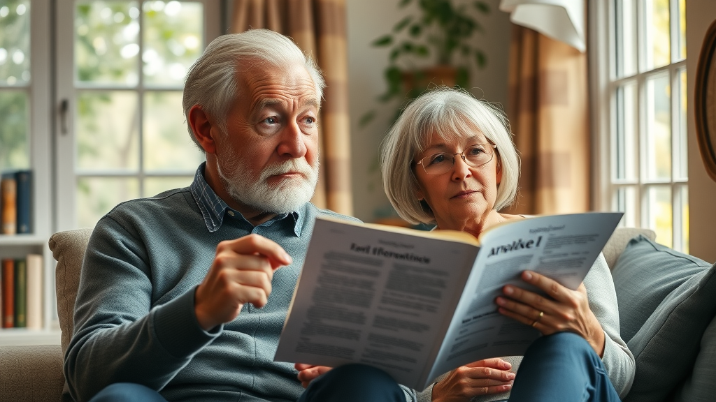 Thoughtful senior couple reading about age-related diseases prevention in a sunlit living room