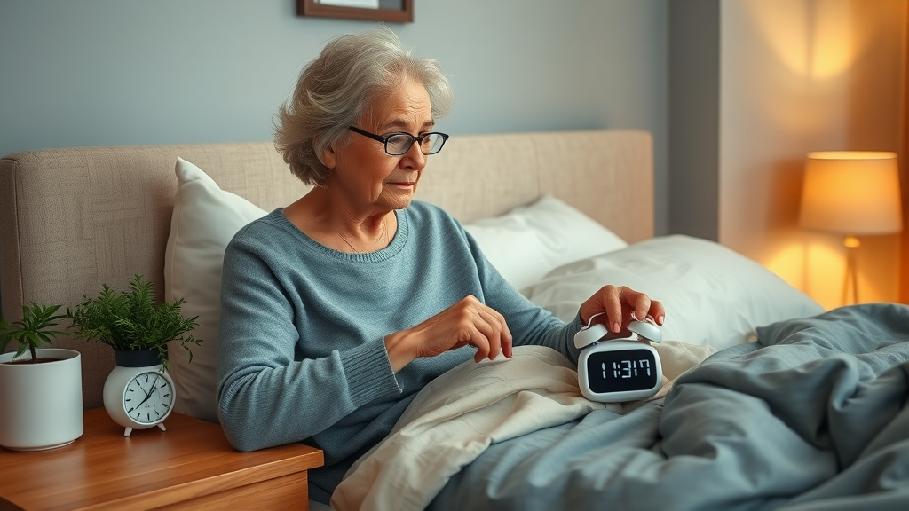 elderly woman establishing bedtime routine, sleep hygiene, impact of sleep on senior brain health, setting a digital alarm clock, organized bedroom, soft textures, evening lighting