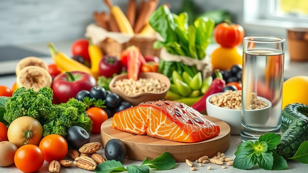 healthy foods for aging adults, colorful fruits, vegetables, whole grains, salmon, nuts, glass of water, healthy diet
