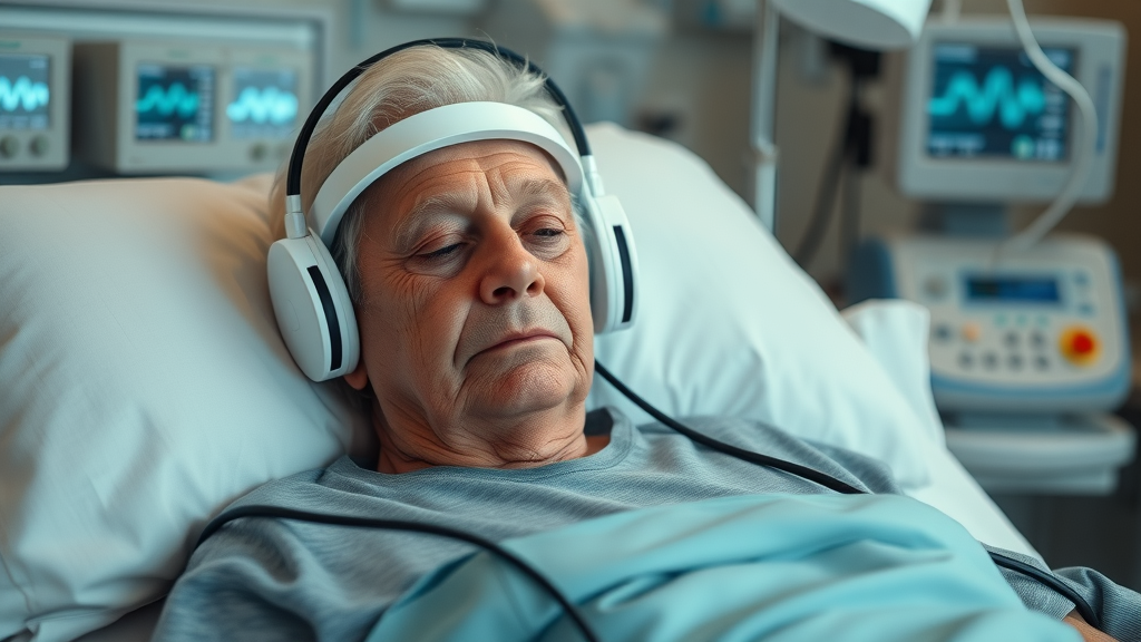 polysomnography elderly sleep disorders elderly person wearing sleep study equipment in sleep clinic photorealistic medical environment blue monitors clinical lighting