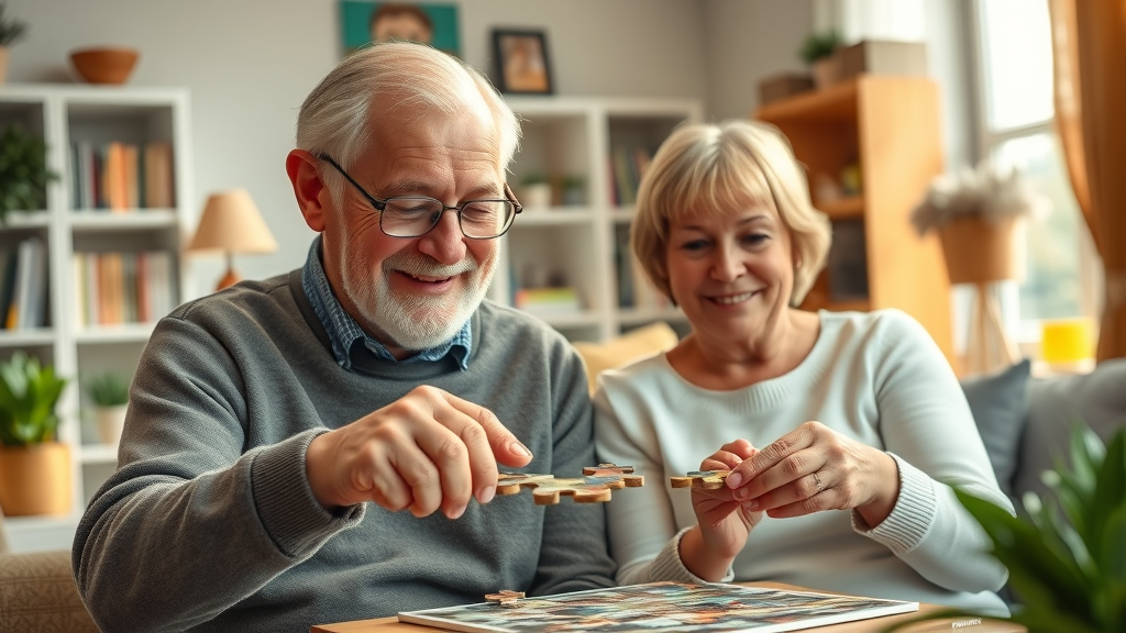 older couple working on puzzle, cognitive stimulation, mental wellness, healthy aging, homey living room