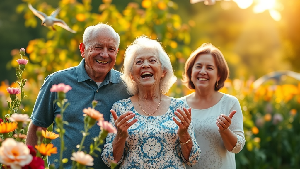 Joyful elderly woman celebrating her health milestone with family after successful age-related diseases prevention