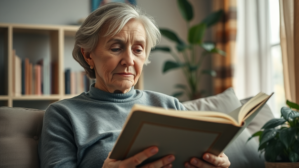 Insightful senior woman reading peacefully - sleep quality and mental health in older adults