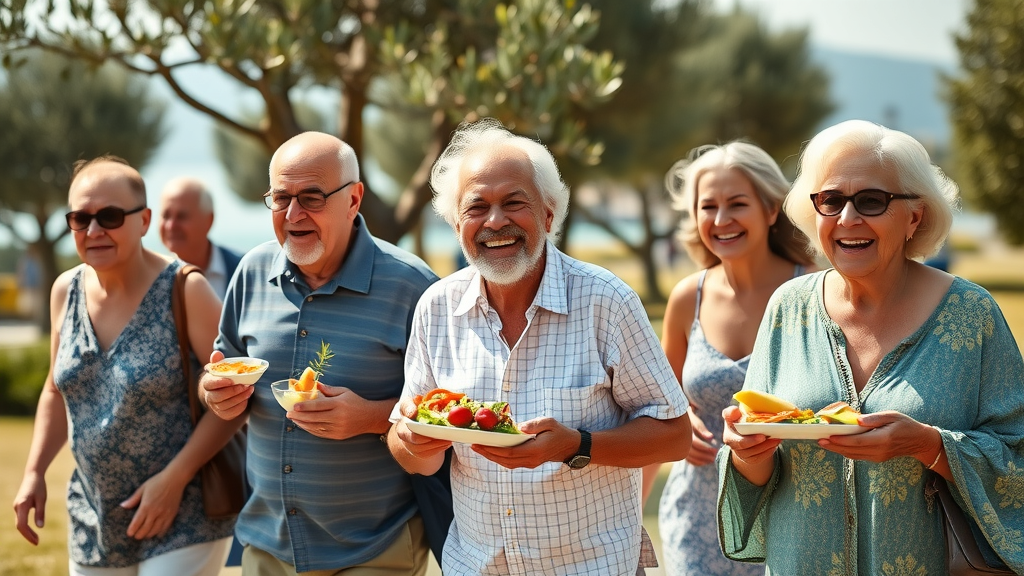 Active seniors enjoying Mediterranean diet and lifestyle to slow the biological aging process