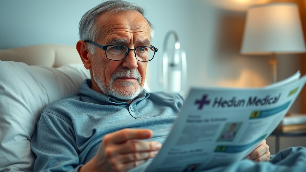 concerned elderly man learning about sleep disorders in seniors, strategies for improving senior sleep quality in a gentle bedroom setting