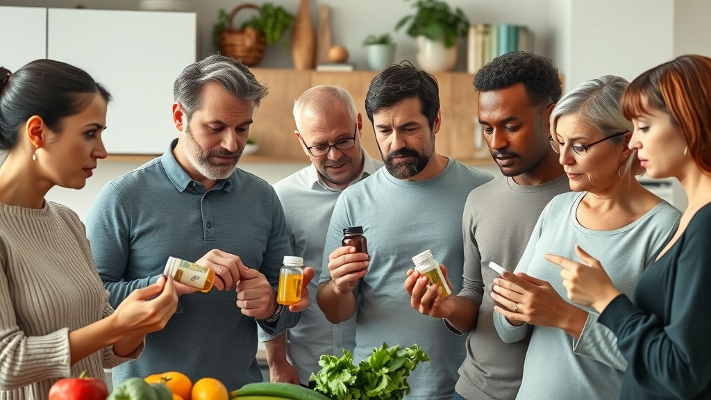 Diverse group of adults inspecting supplement bottles and supplement for losing belly fat in a modern kitchen