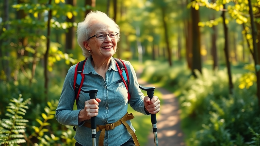 elderly woman hiking, exercise for longevity, quality of life