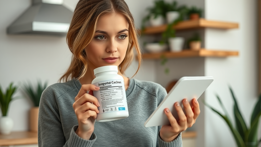 Woman holding collagen supplement, examining ingredients for skin care routine, collagen supplement