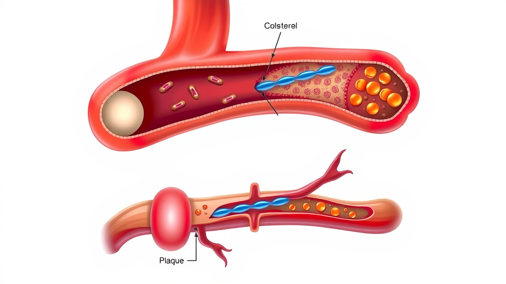 high cholesterol medical illustration: artery cross-section with cholesterol buildup vs healthy artery