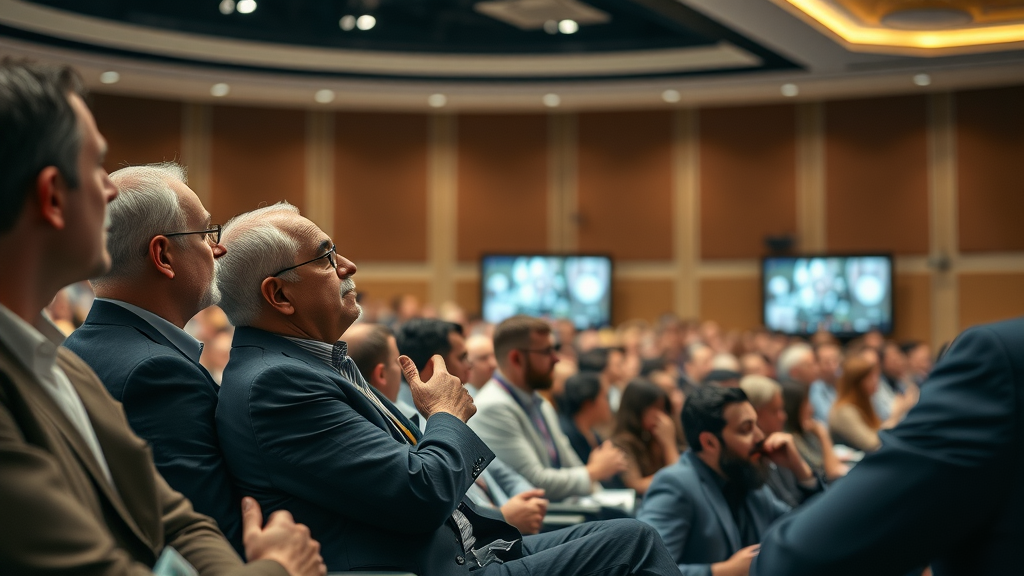 scientific conference with longevity experts discussing anti-aging strategies, wide shot of audience and expert panel