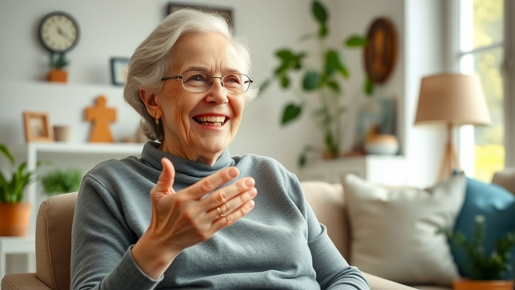 real stories elderly sleep disorders joyful elderly woman describing experience confident expression storytelling dynamic living room