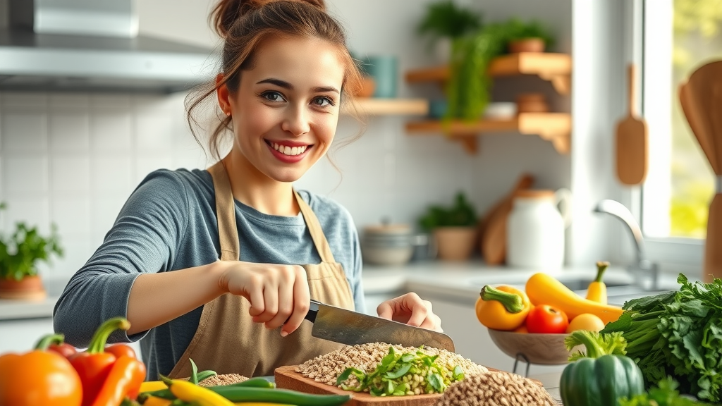 person prepping a healthy meal for chronic disease issues, whole grains and fresh veggies, kitchen scene