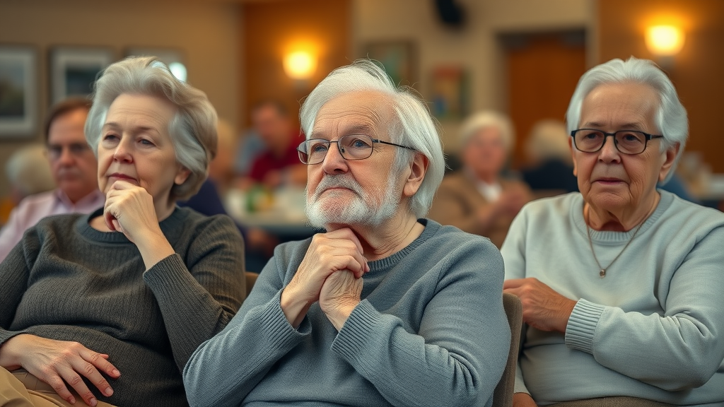 thoughtful older adults contemplating mental wellness in aging while sitting together in a community center