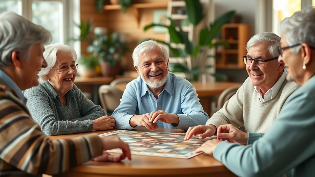 Friendly group of seniors enjoying social interaction, a key to healthy lifestyle for seniors, playing games at a community center