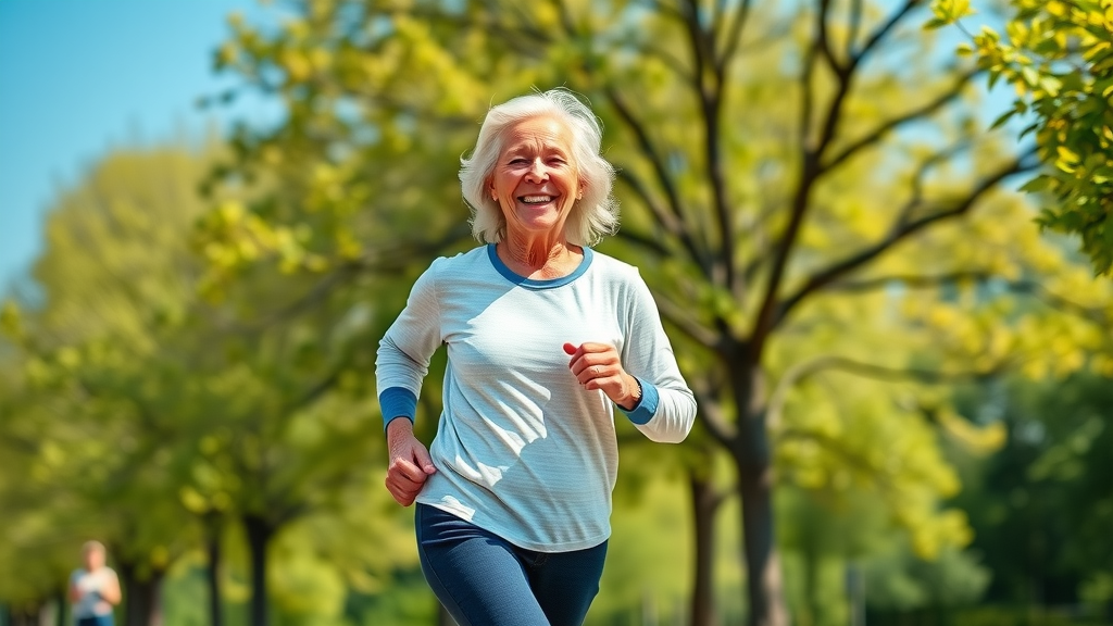 Energetic older woman jogging outside, representing the boost in energy and endurance from L-carnitine supplements