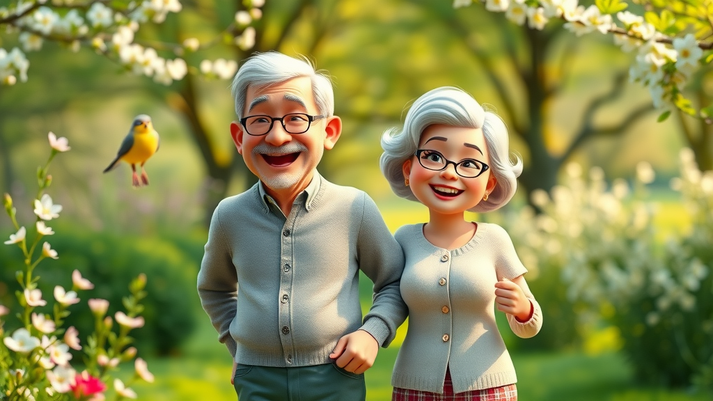 Uplifting elderly couple walking in the park for anxiety management in seniors, surrounded by green scenery and spring colors.