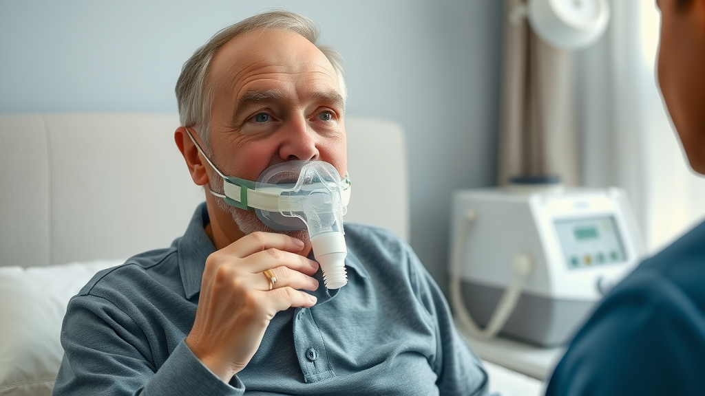 focused older man being fitted with CPAP mask to manage sleep apnea and improve senior sleep quality