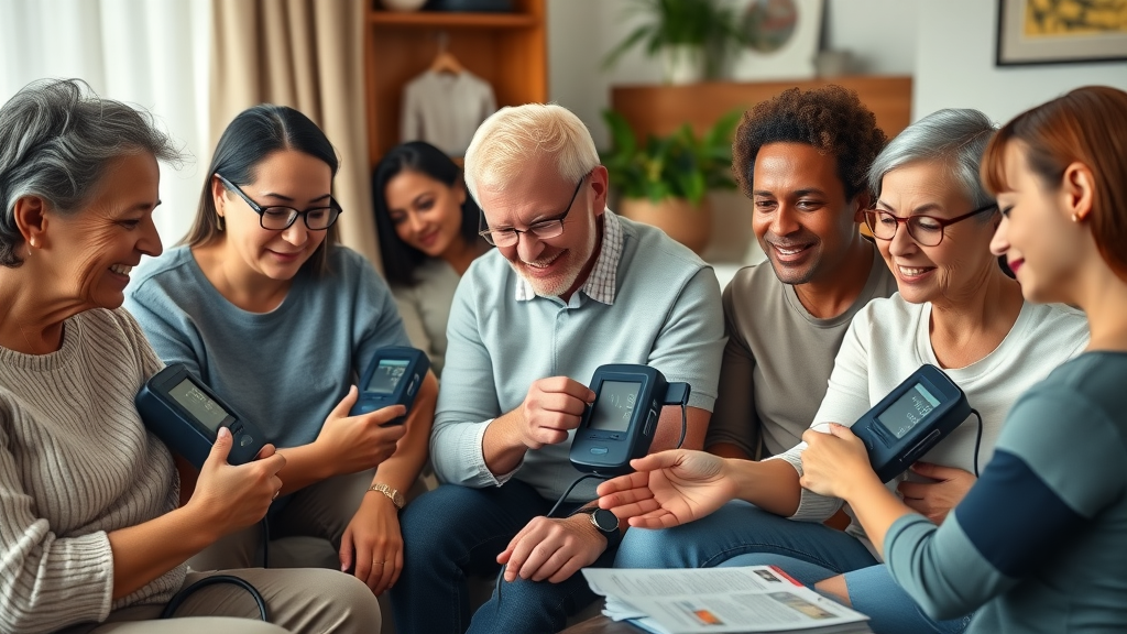 diverse adults checking blood pressure with digital monitors lower blood pressure supplements