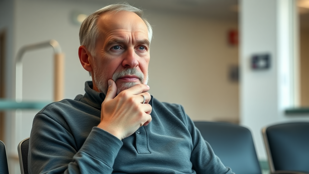 Senior man in contemplation, subtle anxious expression, anxiety disorder mental health clinic waiting area