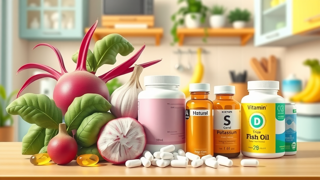 Cartoon style display of beetroot, garlic, bananas, fish oil, and vitamin D for lowering blood pressure