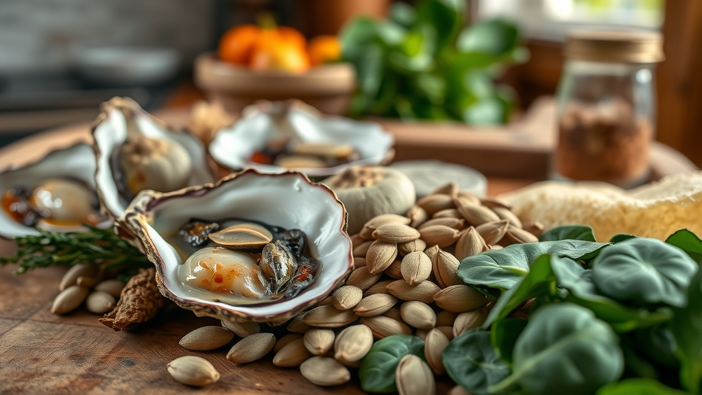 zinc-rich foods for prostate health: oysters, pumpkin seeds, spinach