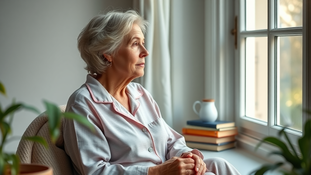 Thoughtful senior woman reflecting, sleep quality and mental health for older adults