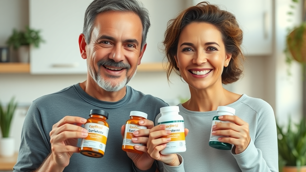 Middle-aged man and woman smiling and holding supplement bottles, energized and healthy, in a bright kitchen setting