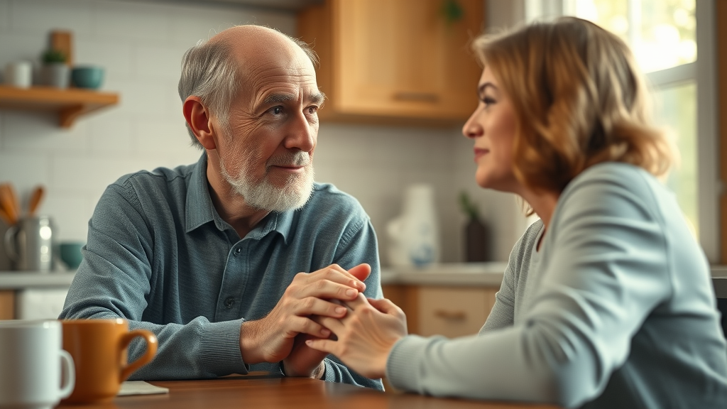 Concerned adult daughter, gently talking to her elderly father, identifying mental health problems in seniors