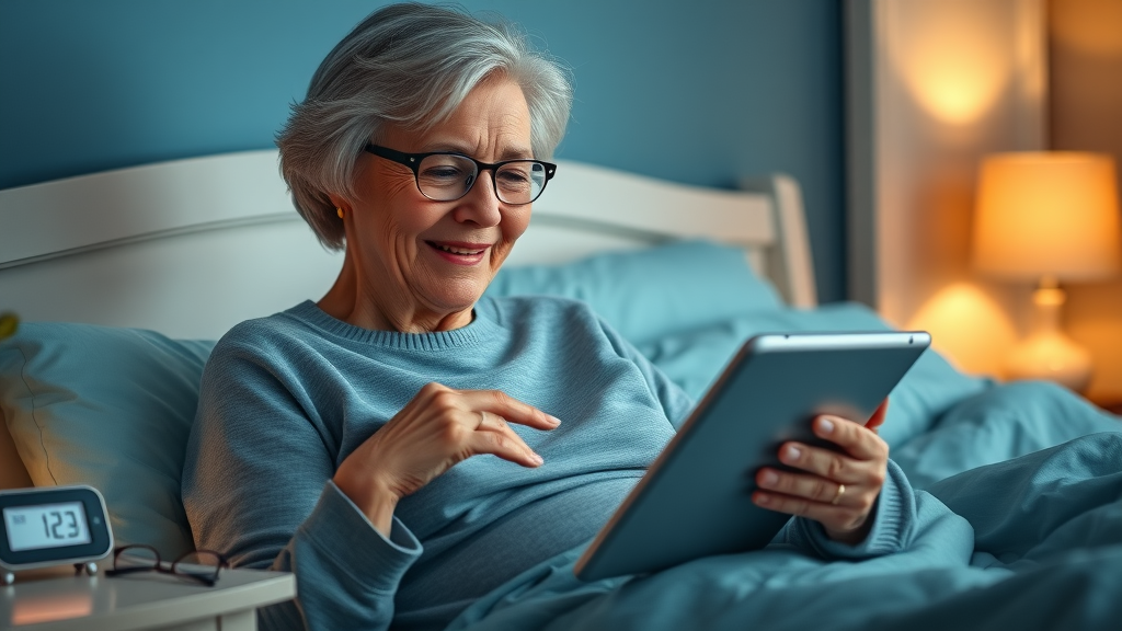 Senior woman with tablet at night, building quality sleep habits, older adults