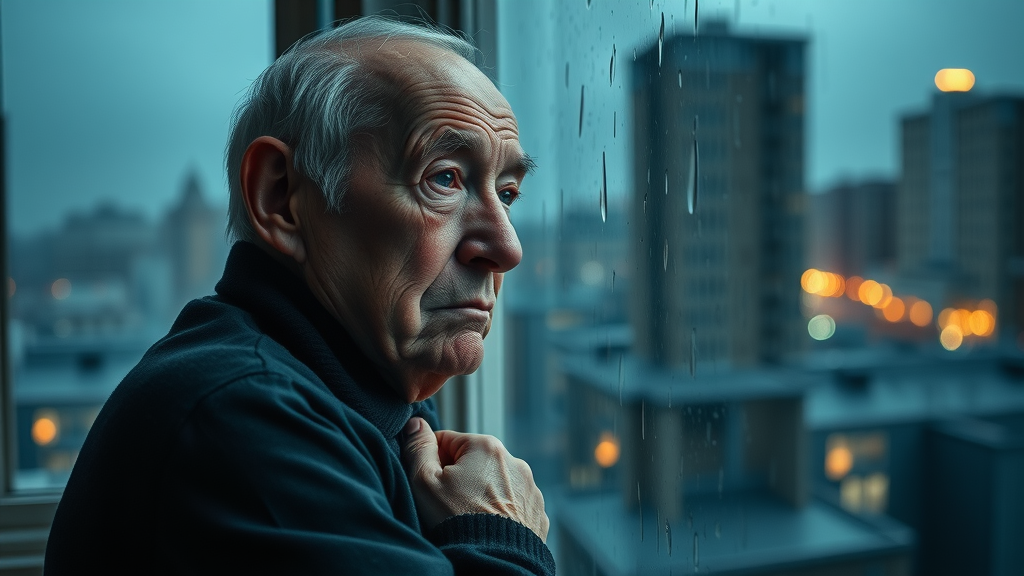 elderly person loneliness and sleep challenges cityscape