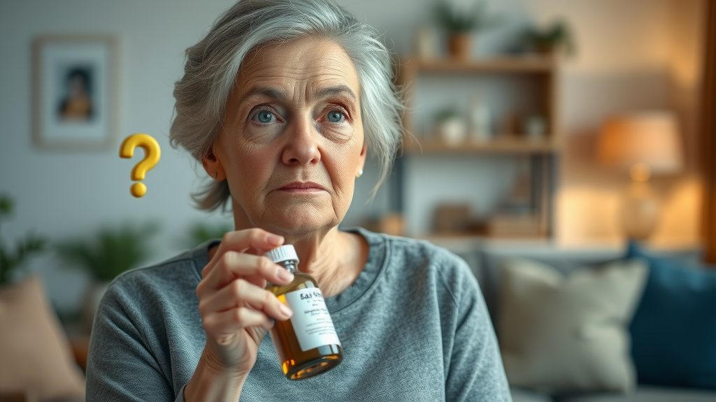 Concerned older woman with supplement bottle, questioning nutritional supplement myths, thoughtful living room background.