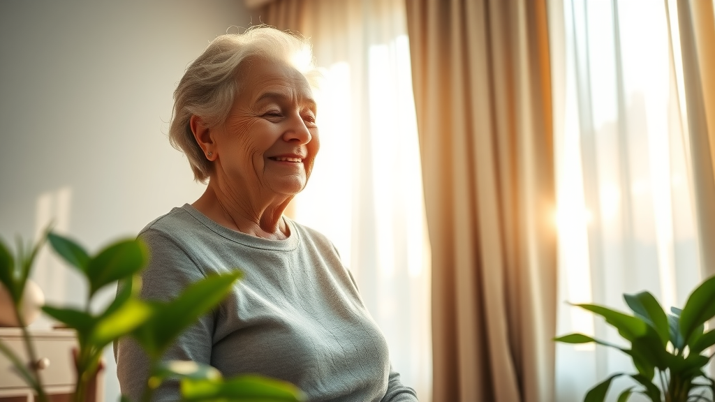 Peaceful elderly woman embracing morning sunlight to reset circadian rhythm for better sleep and health