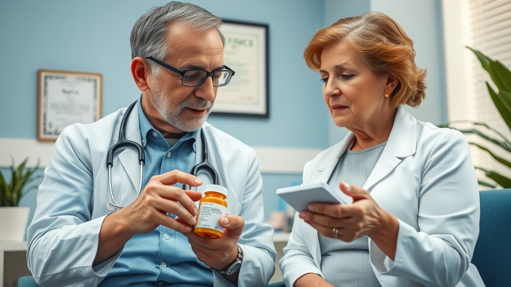 doctor consulting patient on natural supplements diabetes with supplement bottles and prescription medication