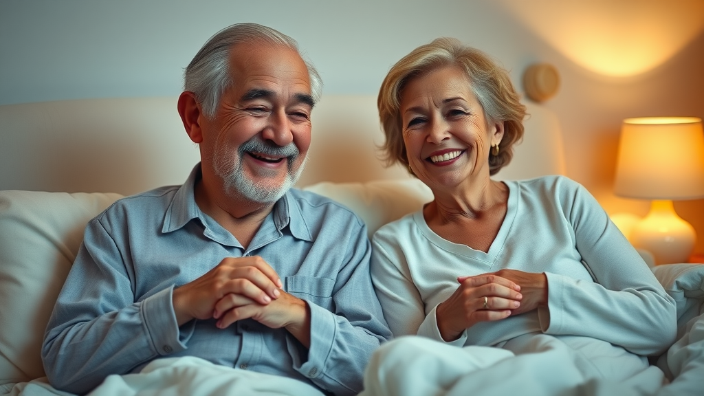 warm elderly couple preparing for bed, showing positive strategies for improving senior sleep quality, softly lit bedroom