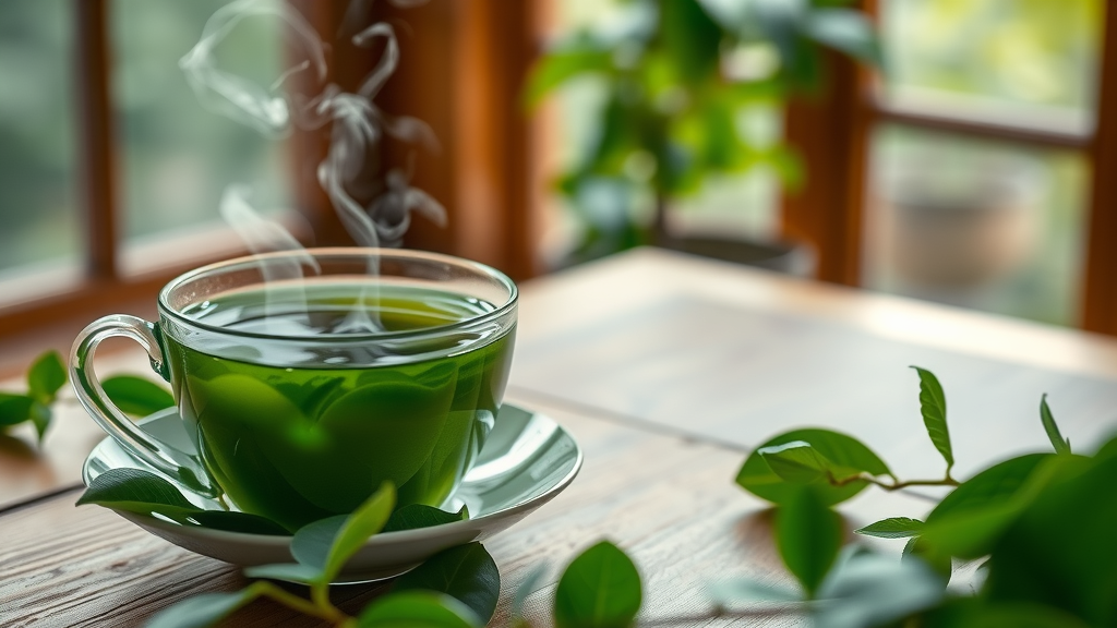 steaming green tea with thunder god vine leaves for arthritis pain relief on a peaceful tabletop