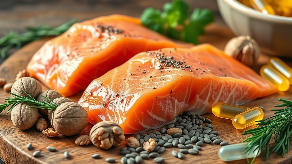 omega 3 fatty acids life-like supplements for high blood pressure with salmon, walnuts, chia, and capsules