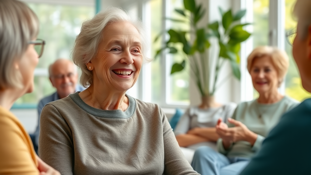 Older adult woman participating in group mental health activity, smiling and engaged