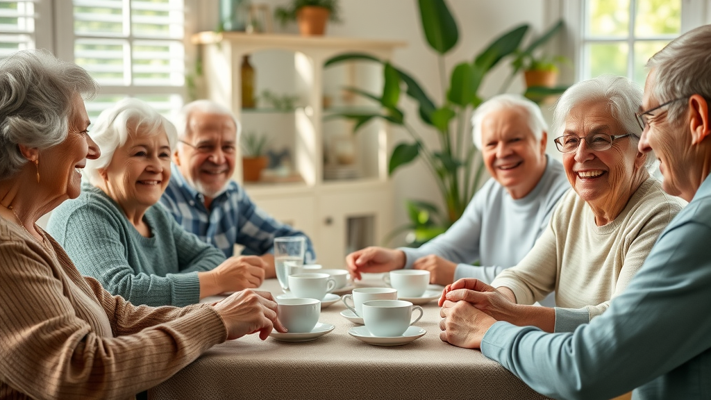 older adults sharing healthy aging conversations in a bright sunroom