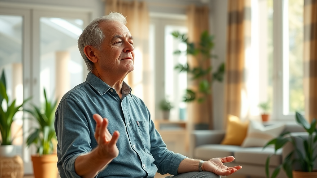 non pharmacological solutions elderly sleep disorders elderly man meditating peaceful living room relaxed practicing deep breathing photorealistic natural green accents morning light