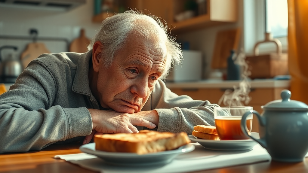 elderly person tired from sleep disturbance at breakfast