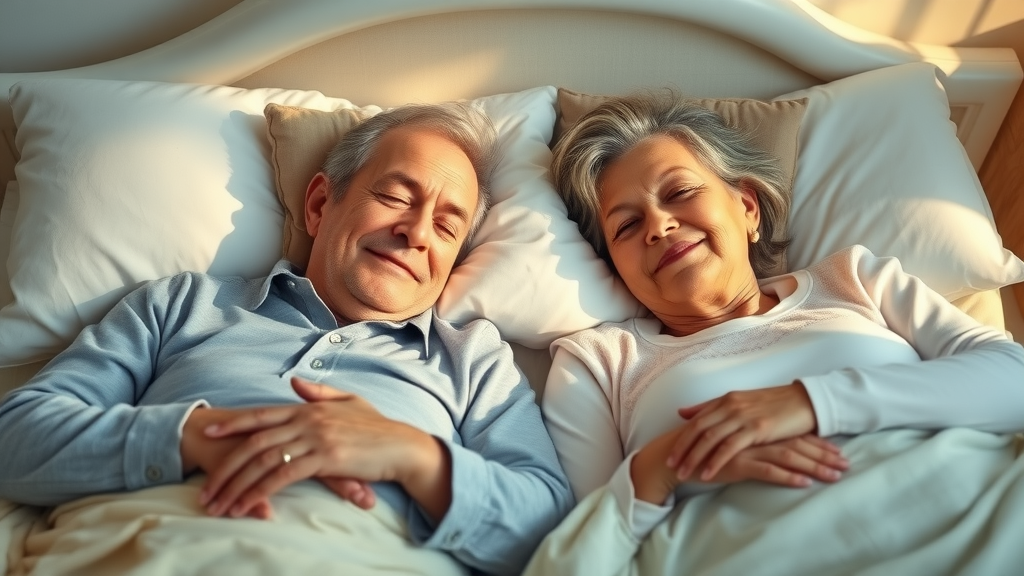 serene elderly couple resting together, peaceful, smiling gently, lying in bed, impact of sleep on senior brain health, cozy softly-lit bedroom, natural skin tones, pastel colors, soft ambient lighting, highly detailed