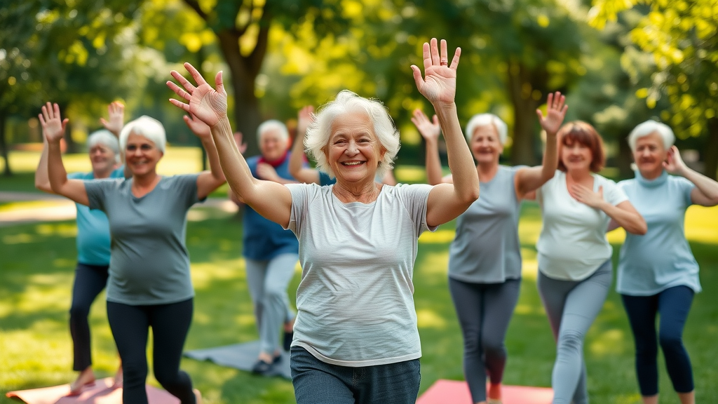 Energetic senior group exercising outdoors, the role of physical health in senior mental wellness and sleep